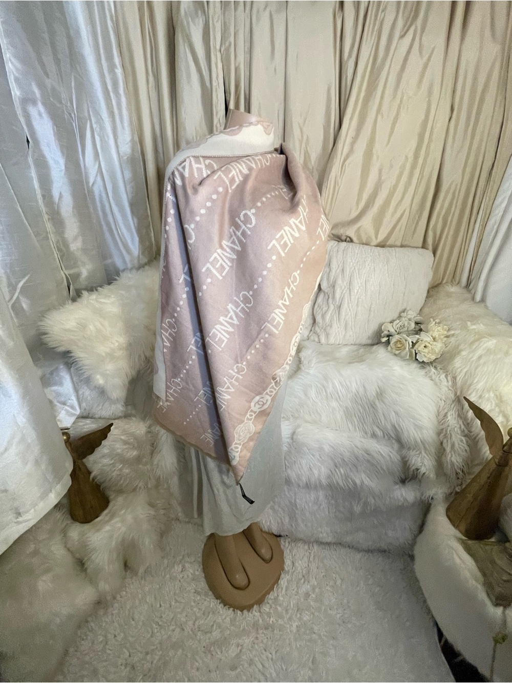CHANEL Scarf and Ivory Satin-Effect Cowl Midi Dress